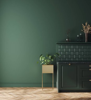 Modern koyu yeşil mutfak iç mimarisi, duvar modeli, 3D tasarım.