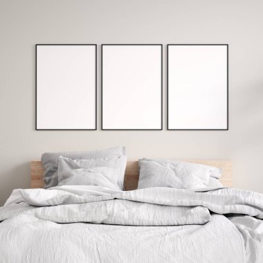 Yatak odasında, İskandinav tarzı, 3 boyutlu bir poster çerçevesi.
