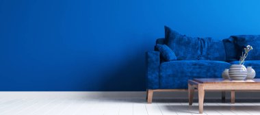 Modern oturma odası, 2020 yılının klasik mavi rengi konsepti, iç mimari 3D.