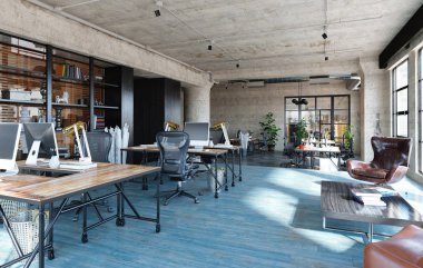 Daire içi ofis, endüstriyel tarzda, 3 boyutlu.