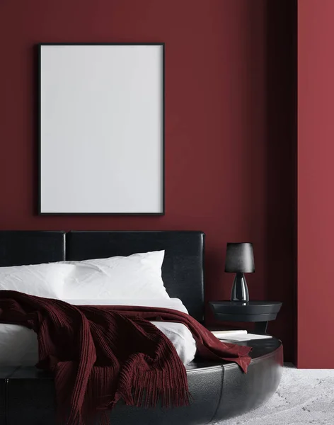 现代豪华深红色卧房内饰 墙面造型 3D渲染 — 图库照片