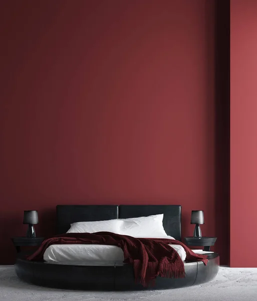 Modern luxury dark red bedroom interior, poster, wall mock up, 3d render