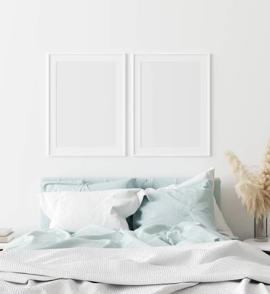 Mock Poster Frame Bedroom Scandinavian Style Render — Stock Photo, Image