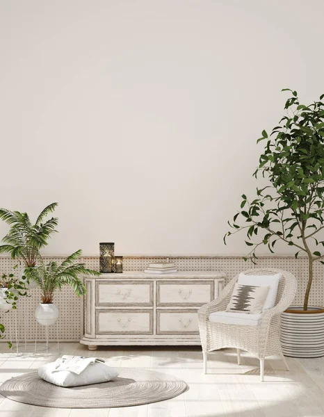 Latar Belakang Interior Rumah Ruang Beige Dengan Furnitur Wicker Gaya — Stok Foto