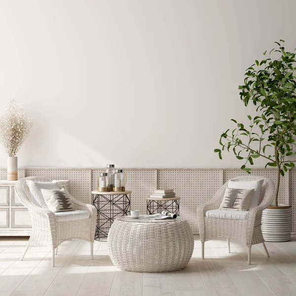 Home Interieur Achtergrond Beige Kamer Met Rieten Meubels Scandinavische Stijl — Stockfoto