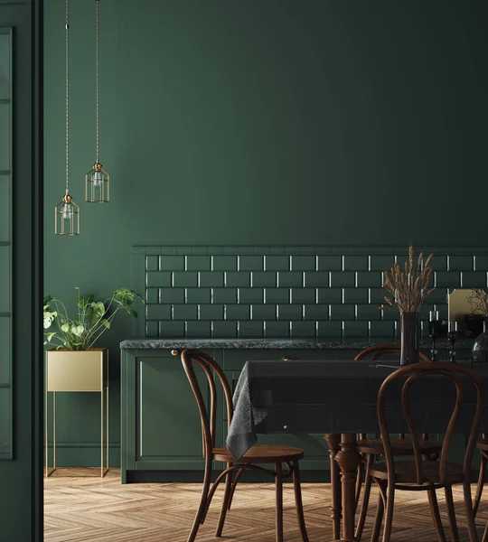 Interior Cocina Verde Oscuro Oscuro Moderno Pared Burlan Render —  Fotos de Stock