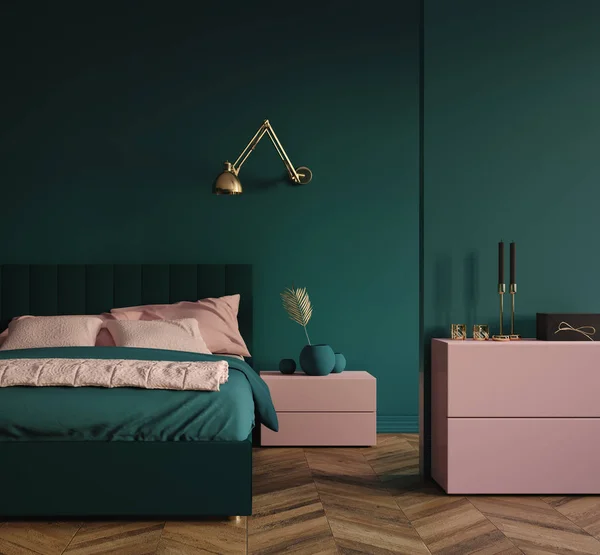 Modern dark green bedroom interior with pink elements and golden palm branch in vase, 3d render