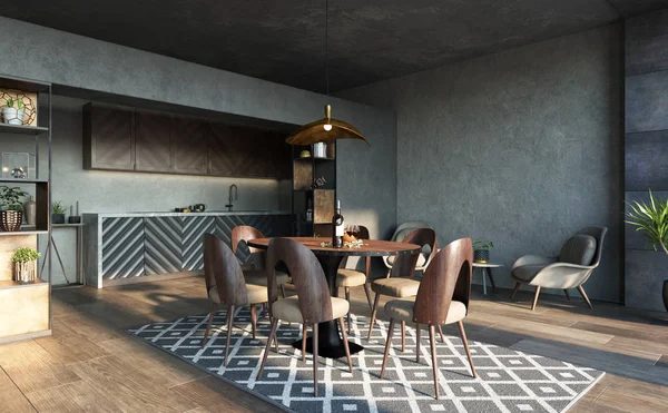 Kök Inredning Loft Industristil Render — Stockfoto