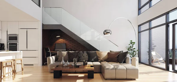 Modernt Vardagsrum Loft Lägenhet Render — Stockfoto