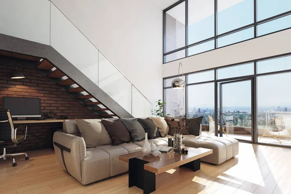 Modern Living Room Loft Apartment Render — Stock Photo, Image