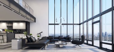 Luxury modern penthouse interior with panoramic windows, 3d render clipart