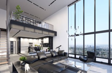 Luxury modern penthouse interior with panoramic windows, 3d render clipart