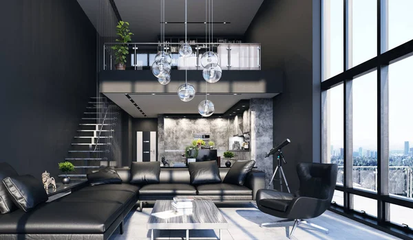 Interior Penthouse Moderno Luxo Com Janelas Panorâmicas Renderização — Fotografia de Stock