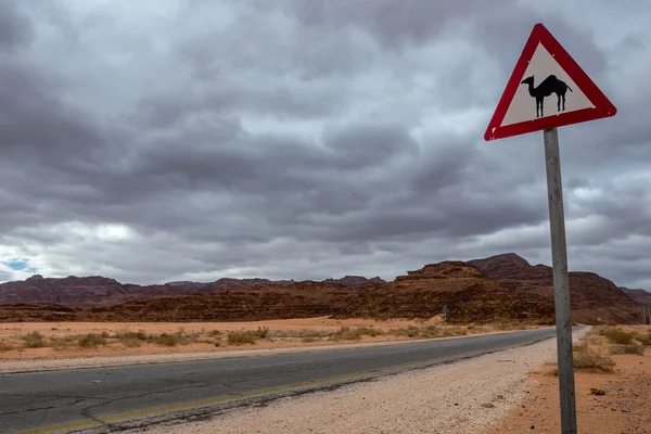 Δρόμο με μια τριγωνική πινακίδα με καμήλα στην Ιορδανία — Φωτογραφία Αρχείου
