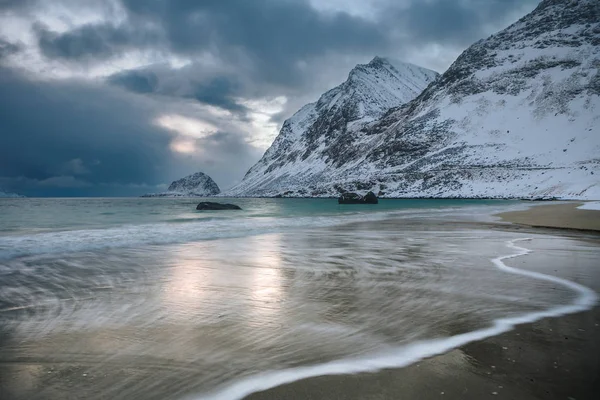 Haukland Strand Lofoten Noord Noorwegen Een Koude Winterochtend — Stockfoto