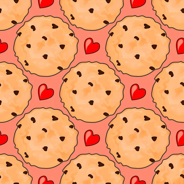 Nahtloses Muster mit leckeren Schokoladenkeksen und roten Herzen. — Stockvektor