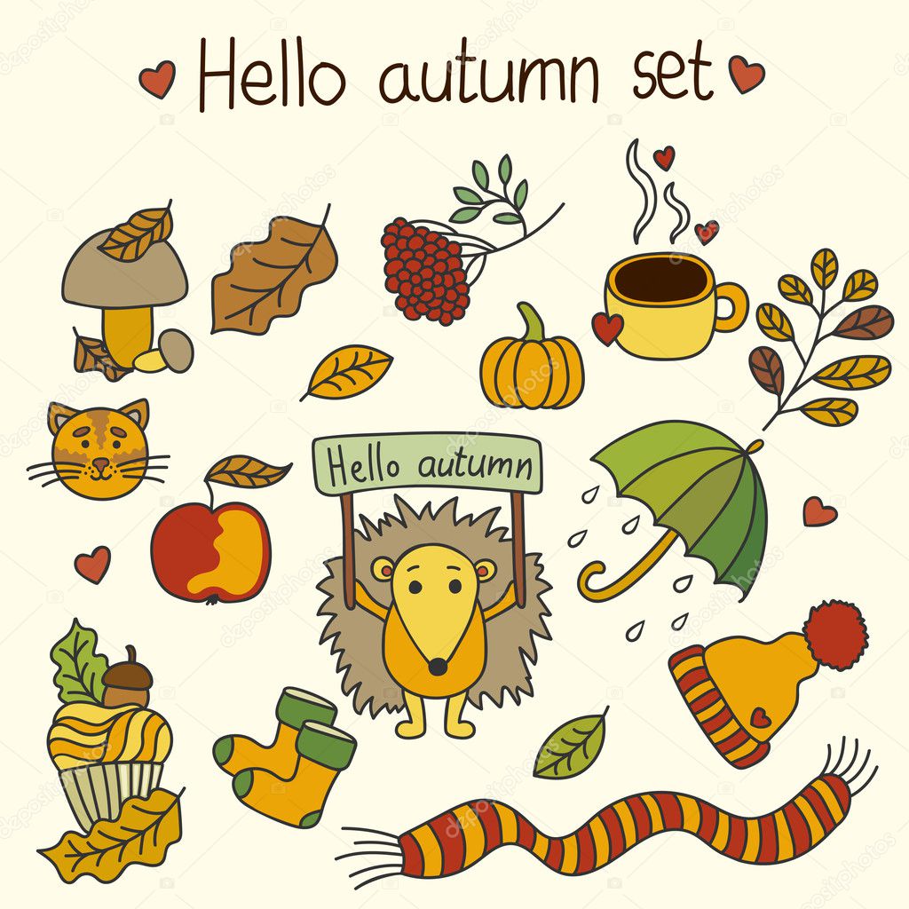 Set of elements and items that represent autumn.