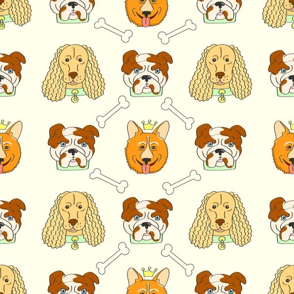 Απρόσκοπτη μοτίβο με χαριτωμένα σκυλιά. Εικονογράφηση διάνυσμα με αστεία κουτάβια. — Διανυσματικό Αρχείο