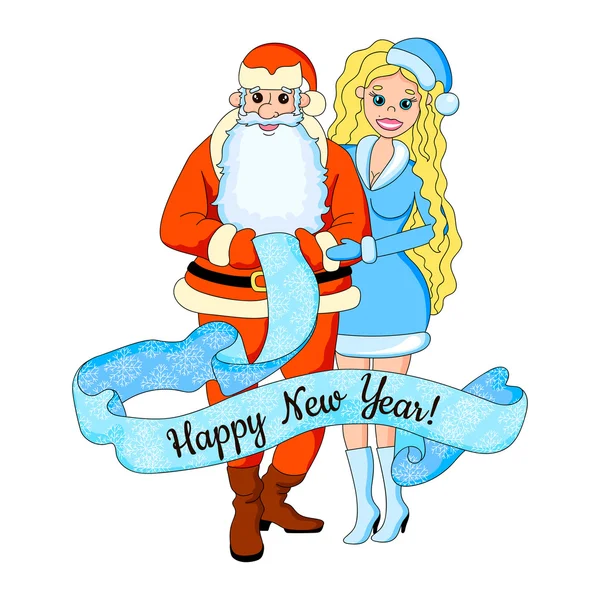 Illustration vectorielle de dessin animé de fille blonde sexy avec Père Noël claus. Nouvelle carte année . — Image vectorielle