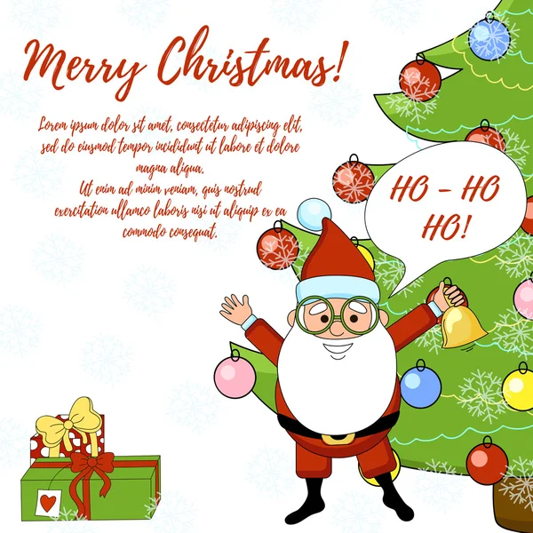 Weihnachtsmann-Weihnachtskarte mit Baum und Geschenken auf weißem Hintergrund. — Stockvektor