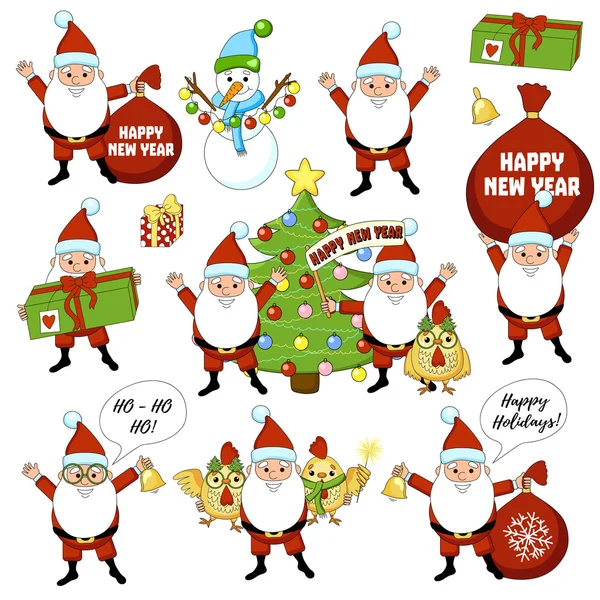 Conjunto de personagens de Natal coloridos e decorações. Feliz ano novo grande conjunto com árvore de natal, presente, sino, galo, galo, boneco de neve. Desenhos animados engraçados grande coleção . — Vetor de Stock