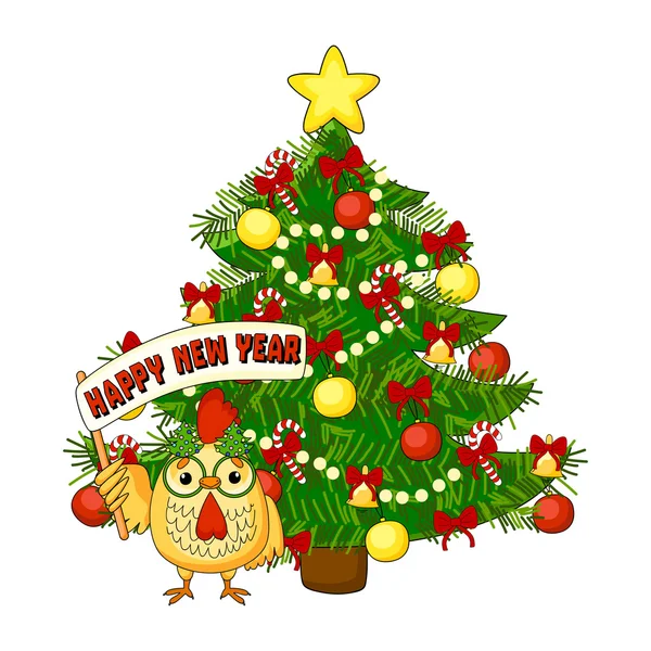 Weihnachtskarte mit Hahn, Baum und frohem neuen Jahr Text. — Stockvektor