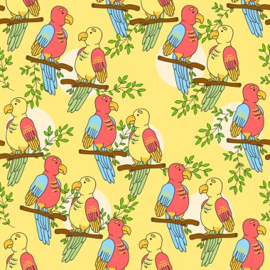 Papağan desen sarı bir arka plan üzerinde. 
