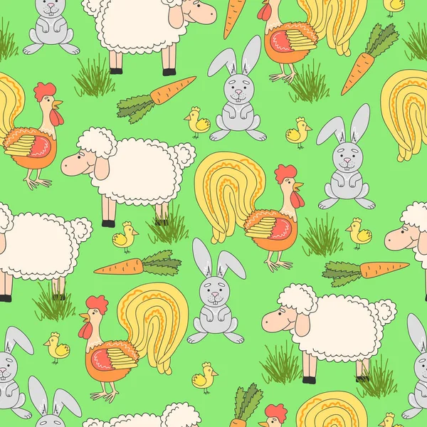 Patrón sin costura con animales de granja dibujados a mano y carne, ovejas, zanahoria, conejo, gallo, pollo, hierba. Granja patrón divertido. Contexto animal . — Archivo Imágenes Vectoriales