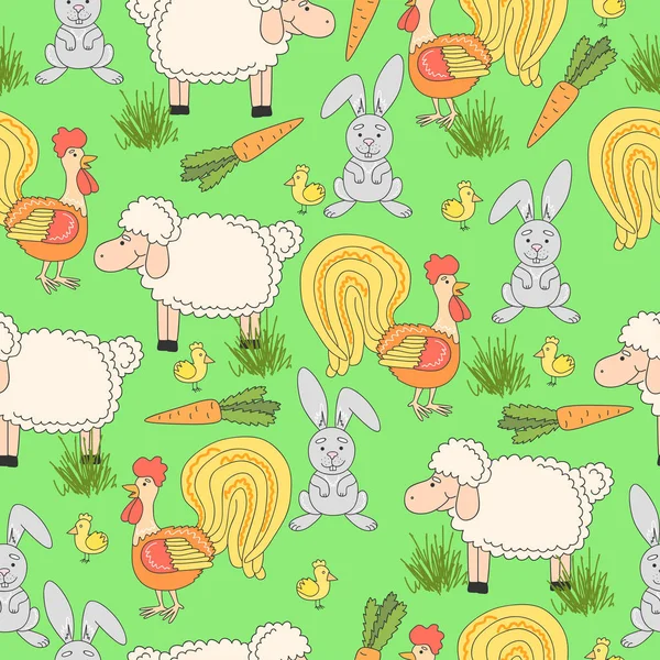 Seamless pattern with hand drawn farm animal and meat, sheep, carrot, rabbit, rooster, chicken, grass. Farm funny pattern. Animal background. 