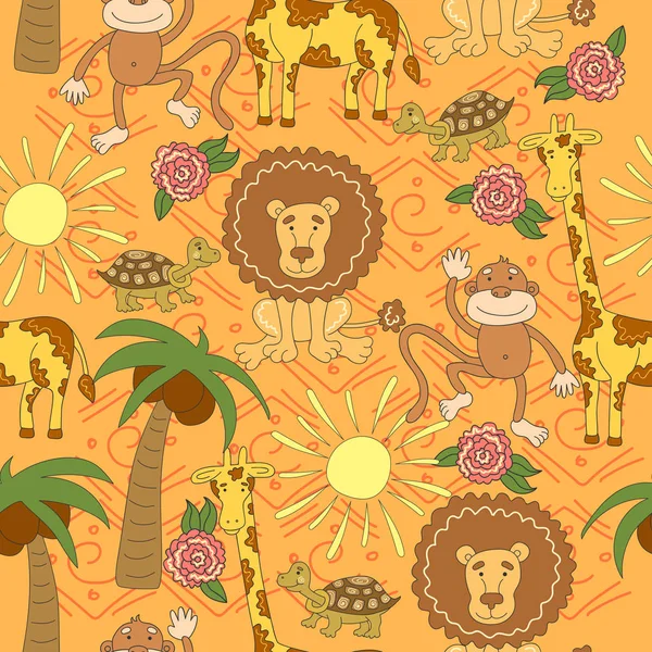 Padrão de animais africanos. Padrão sem costura com tartaruga, leão, macaco, girafa, palmeira, sol, grama e flores . —  Vetores de Stock