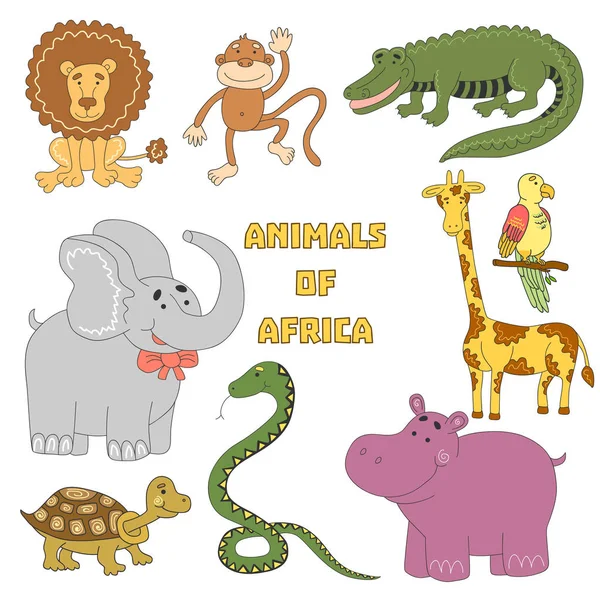 Animales listos. Colección de animales africanos con cocodrilo, tortuga, serpiente, león, hipopótamo, elefante, mono, loro, jirafa . — Archivo Imágenes Vectoriales