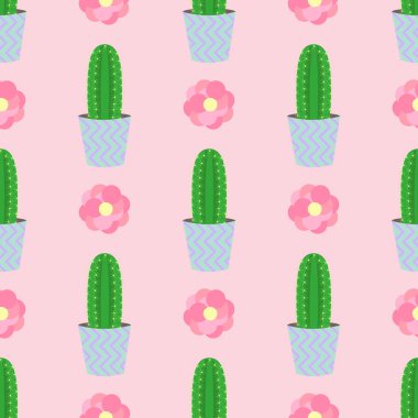 Kaktüs ve yeşil ve pembe bir arka plan üzerinde pembe çiçekler ile Seamless modeli. Şirin kaktüsler, Çiçeklik.