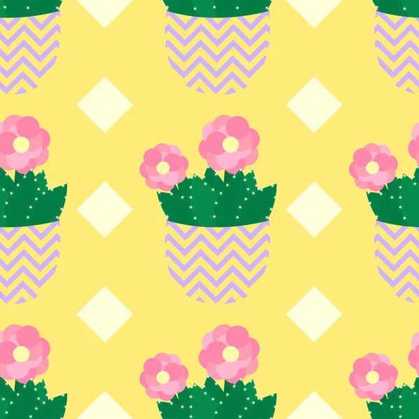 Patrón sin costuras con cactus y flores en verde y rosa sobre fondo rosa. Impresión sin costuras de cactus mexicano. Lindos cactus, macetas . — Vector de stock