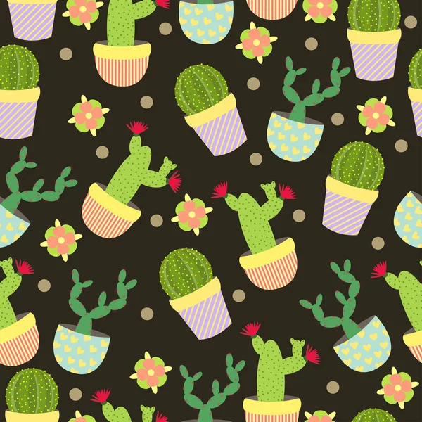 Cute cacti, flowerpots. Seamless pattern with cute cacti. Nature,spring. Cute illustration. — Stock Vector