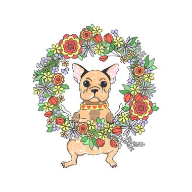 Fransız buldozer çiçekli. Şirin köpek. Vektör çizim.