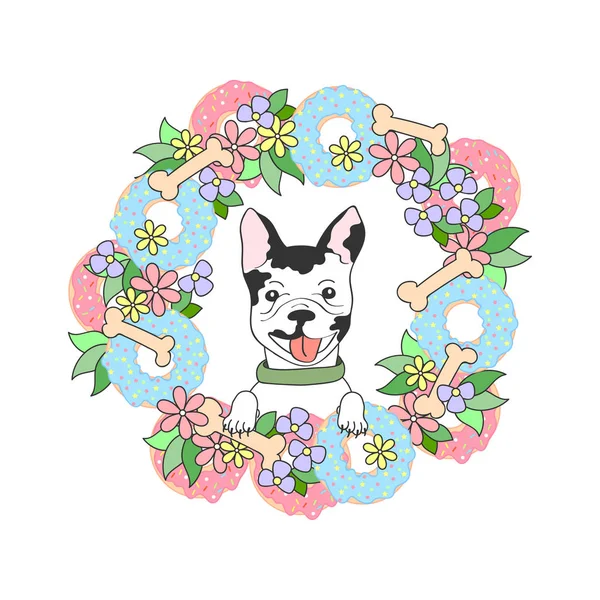 Ilustrasi lucu dengan bulldog Perancis, donat dan bunga pada latar belakang putih . - Stok Vektor