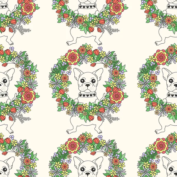 French bulldog seamless pattern. Happy dog with flowers on a white background. — Stock Vector