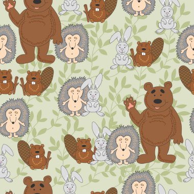 Vahşi hayvanlar, sevimli desenle ayı, kirpi, tavşan ve kunduz. 