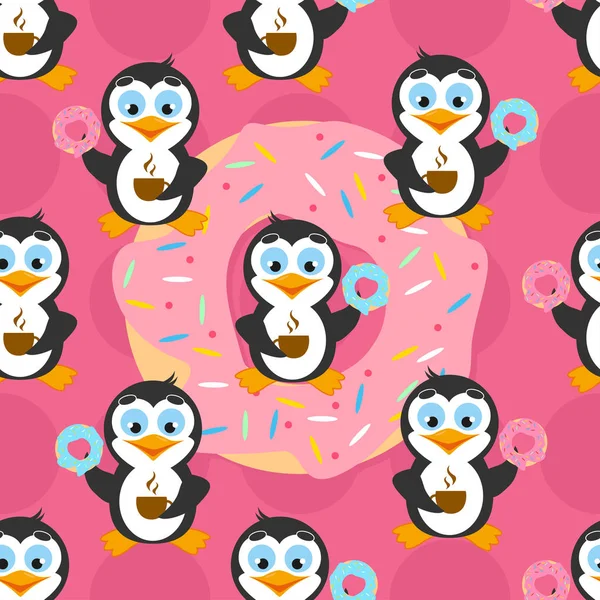 Vicces minta pingvin eszik fánkot és kávét iszik egy rózsaszín háttér, egy nagy fánk. — Stock Vector