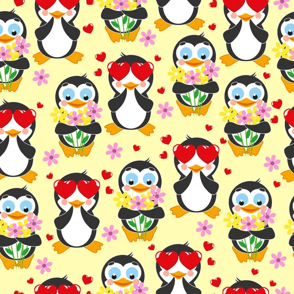 Carino lo schema. Amore pinguino e pinguino con mazzo di fiori — Vettoriale Stock