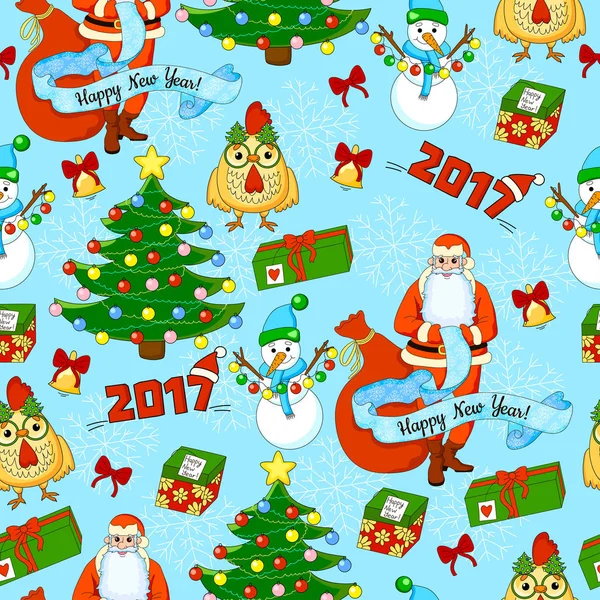 Dessin animé avec Père Noël, sapin de Noël, cadeaux, coq, bonhomme de neige, cloches, arcs et flocons de neige — Image vectorielle