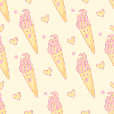 Kalpleri ile sarı bir arka plan üzerinde pembe krema ve gözleme koni ile neşeli dondurma ile Seamless Modeli.