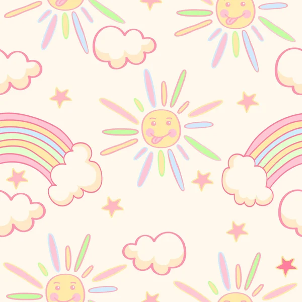 Cute seamless pattern with sun, rainbow and stars. — Stock Vector