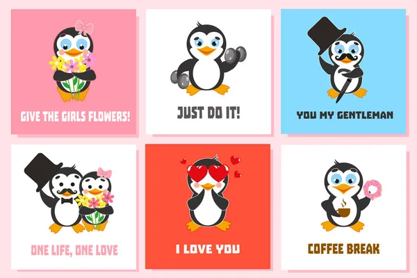 Juego de cartas con divertidos personajes de pingüinos. Te quiero. Te quiero. Sólo hazlo. Dale flores a las chicas. Usted, mi caballero . — Vector de stock