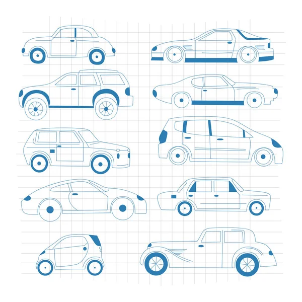 Doodle kolekcję samochodów. Samochodowy zestaw na białym tle. Ilustracja wektorowa. — Wektor stockowy