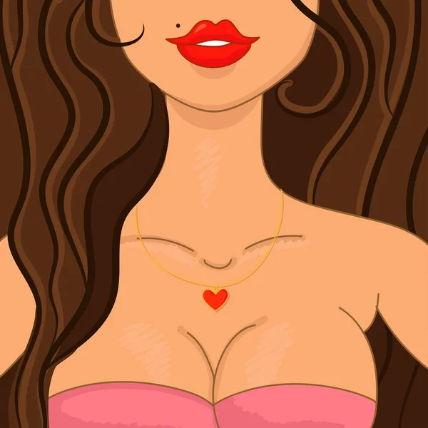 Sexy girl, brunette with full lips. A woman with a pendant in the form of a heart on chest. Cute cartoon style avatar. — Stock Vector