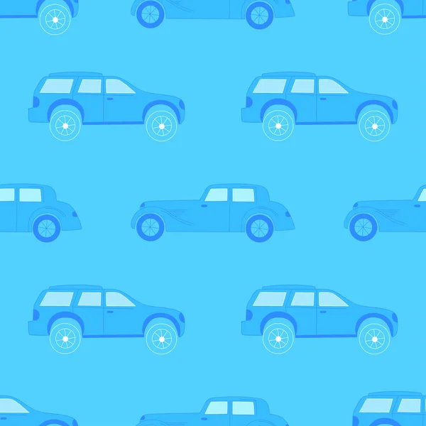 Patrón azul con coches . — Vector de stock