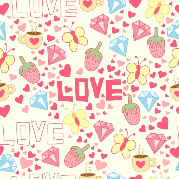Sömlös bakgrund med cup, diamant, hjärtan, jordgubbar, fjärilar och kärlek. Söta mönster. — Stock vektor