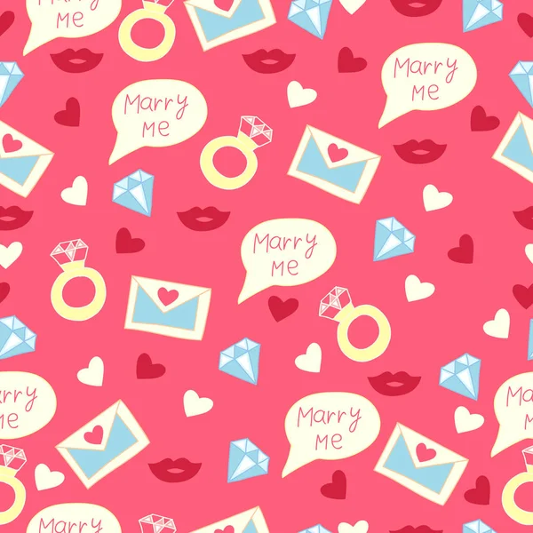 Trouw met me. Liefde patroon met de formaten letter, ring, lippen, diamant en harten. Happy Valentine's day. Bruiloft achtergrond. — Stockvector