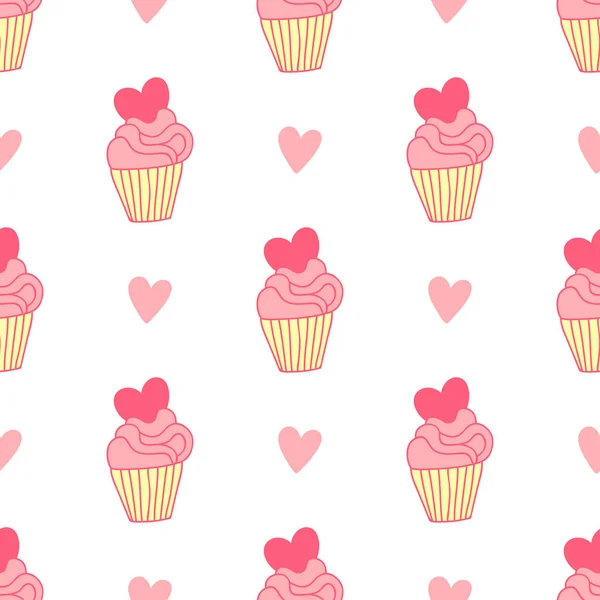 Nahtloses Muster mit Cupcakes und Herzen auf weißem Hintergrund. — Stockvektor